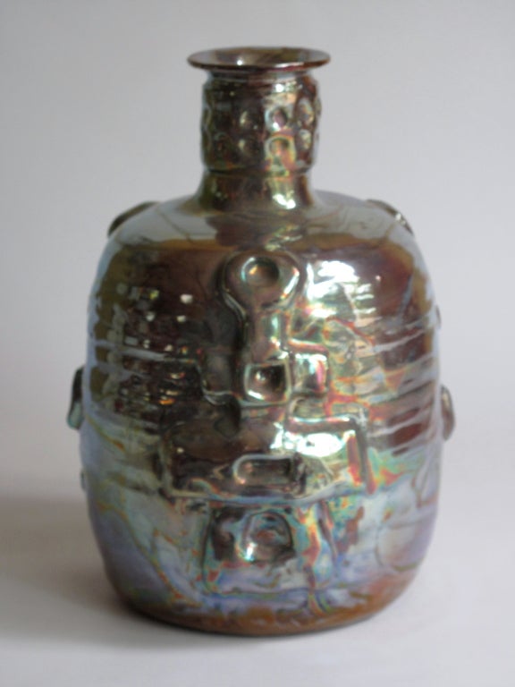 Beatrice Wood: Museum Quality Luster Bottle Vase w Relief Decor