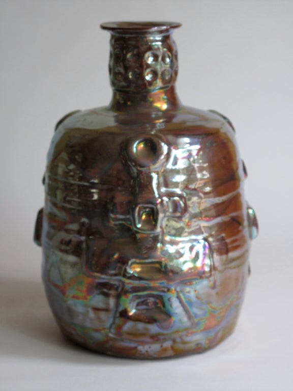 American Beatrice Wood: Museum Quality Luster Bottle Vase w Relief Decor For Sale