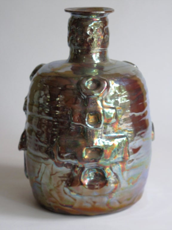 Ceramic Beatrice Wood: Museum Quality Luster Bottle Vase w Relief Decor For Sale