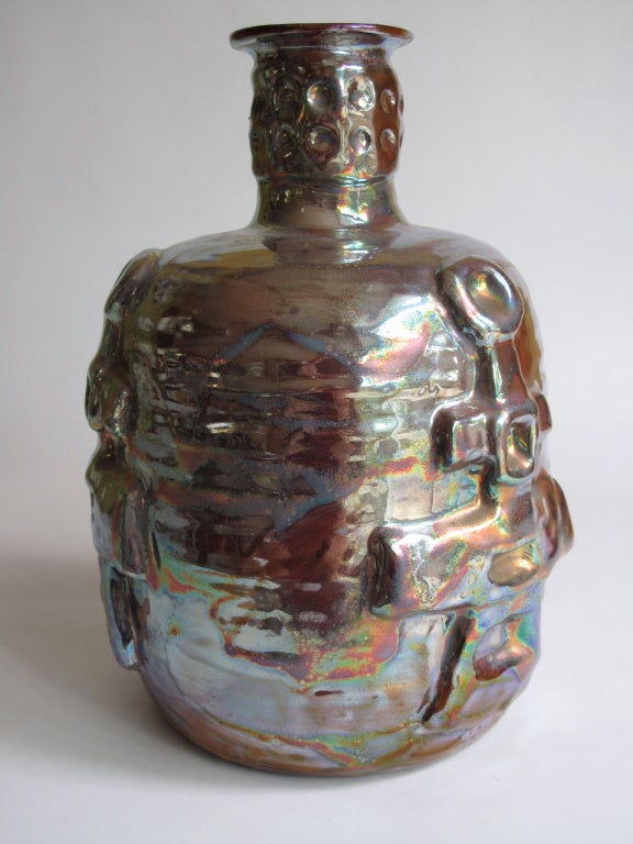 Beatrice Wood: Museum Quality Luster Bottle Vase w Relief Decor For Sale 1