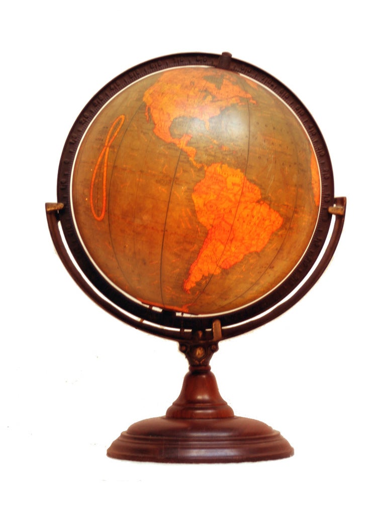 This exquisite terrestrial world globe was made by the George F. Cram Co. of Indianapolis during the 1930s, and is so very special in a number of ways.  First, this item's relative rarity is predominantly due to the richly colored globe itself,