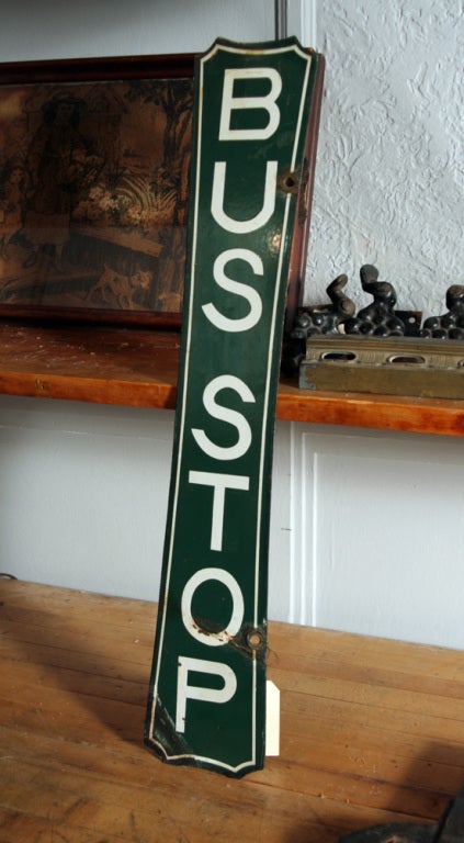 A unique and eye-catching authentic vintage enamel on steel two-sided bus stop sign.