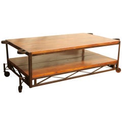 Industrial Coffee Table with Vintage Wood Wheels
