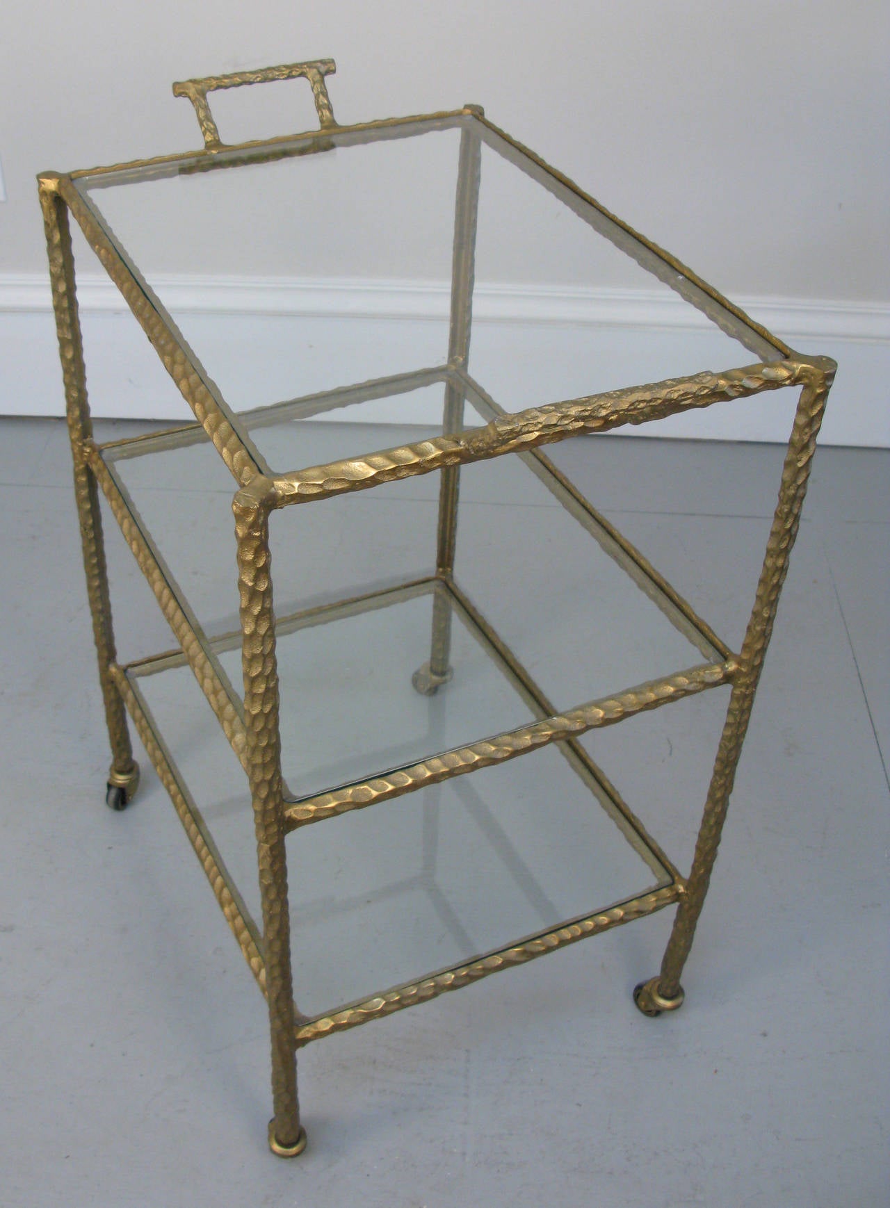 Mid-Century Modern 1950s Iron Bar or Serving Cart in a Gold Cold Painted Finish For Sale