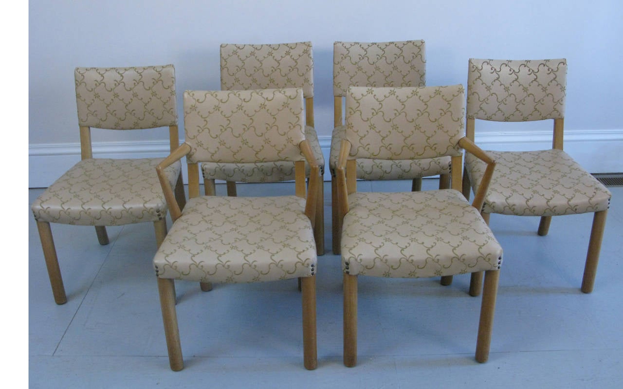 An early 1950s Bleached Mahogany Edward Wormley for Dunbar dining chair set. Bold and gutsy with ample seat and solid construction. The chairs were re-upholstered some years ago and the Dunbar labels are gone. The chairs came with an early labeled