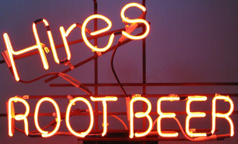 A vintage 1960s neon advertisement in great condition. 
pull on the string and the sign lights up bright, a second pull reduces it to a lower light. Hires is one the oldest soda companies in the country, making root beer since the 1870s.