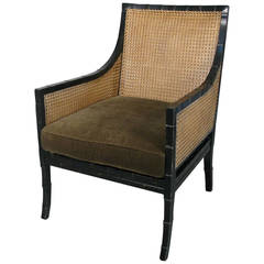 Faux Bamboo and Caned Black Lacquer Lounge Chair