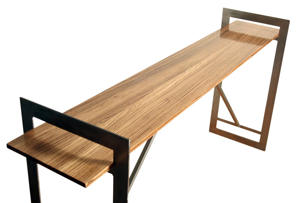 American Handcrafted Modern Steel and Zebrawood Console