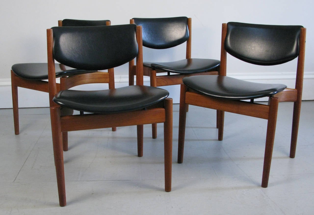 Beautiful fluid design as only Finn Juhl could do. Rich teak and original covering. The chairs have been cleaned and polished. Very sturdy. The chairs have both France and Son and John Stuart labels.