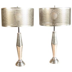 Pair of Custom Cast Aluminum and Steel Mesh Lamps