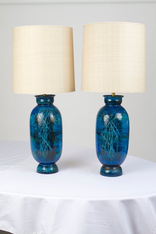 Italian Pair of Monumental Raymor Pottery Lamps