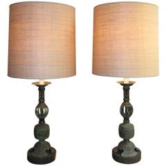 Pair of Large Bronze Chinese James Mont Style Lamps
