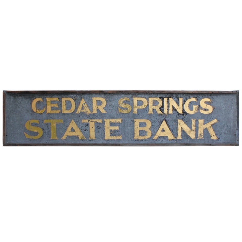 1900's Tin Gold Leaf Sign " Cedar Springs State Bank " For Sale