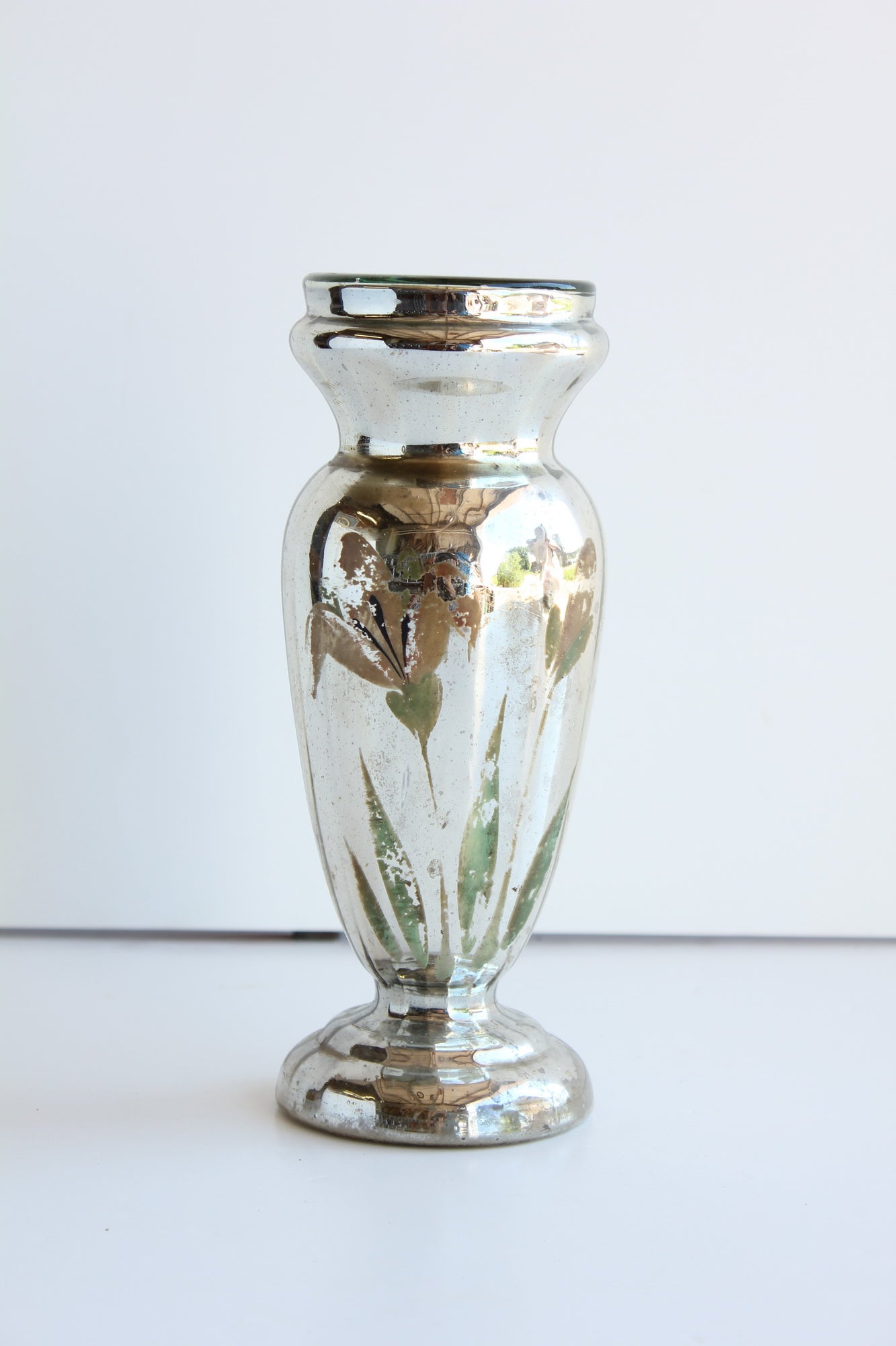 Antique Hand Painted Mercury Glass Vase, 2 available