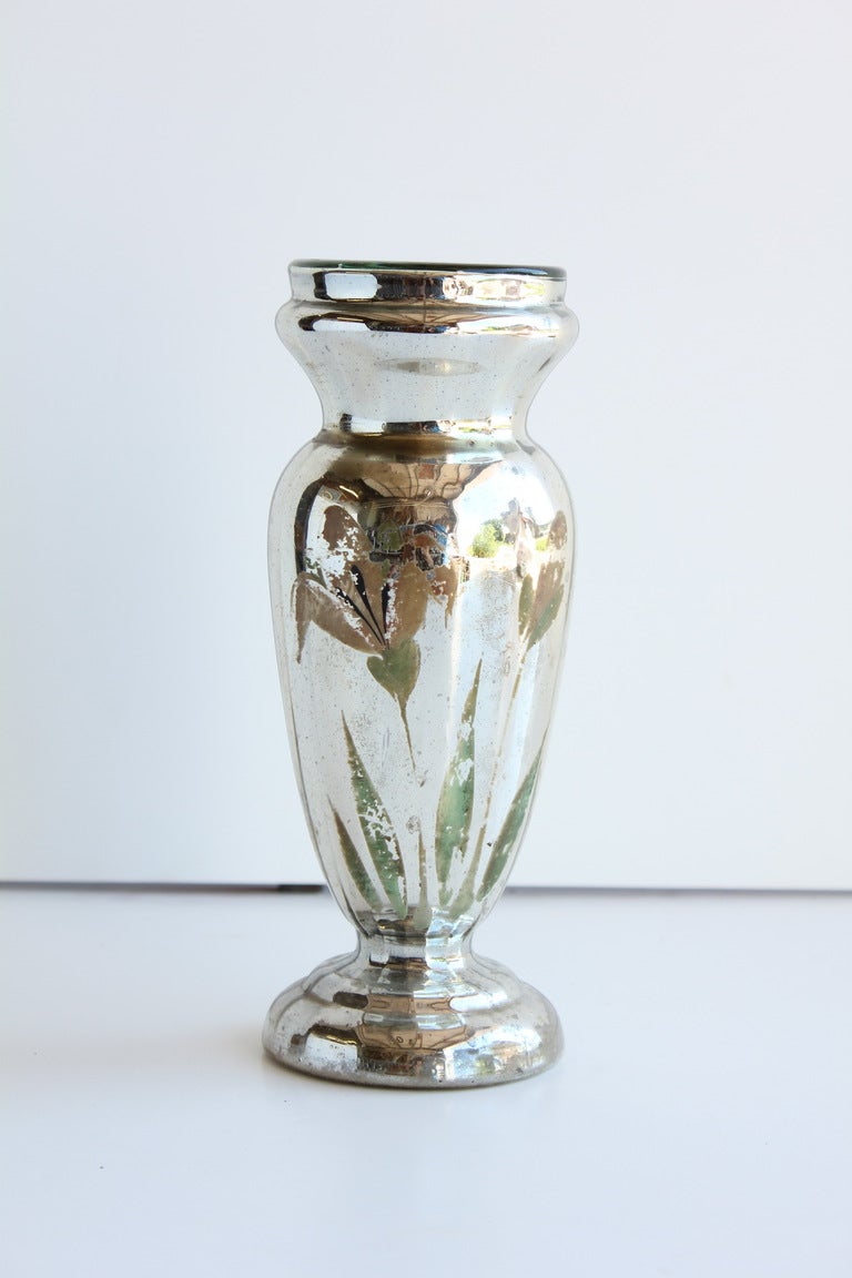 Antique hand painted mercury glass vase. Two available. Listed price is for one vase.