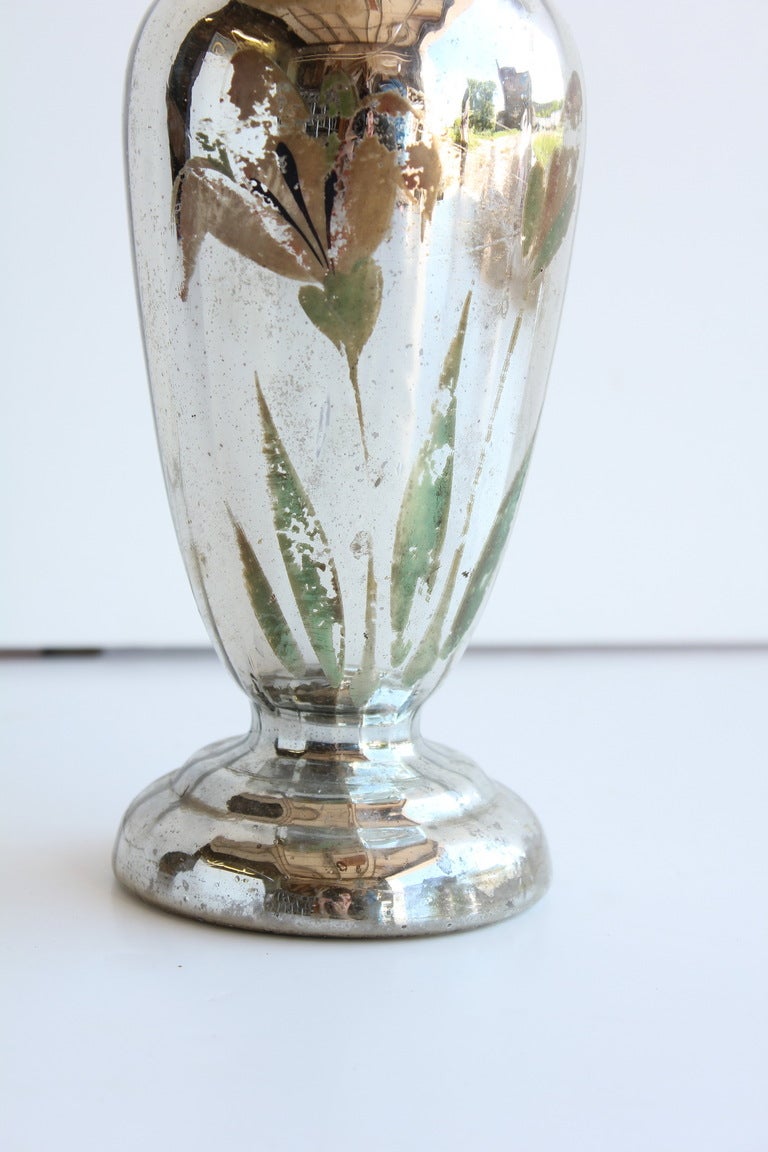 Antique Hand Painted Mercury Glass Vase, 2 available In Good Condition In Chicago, IL