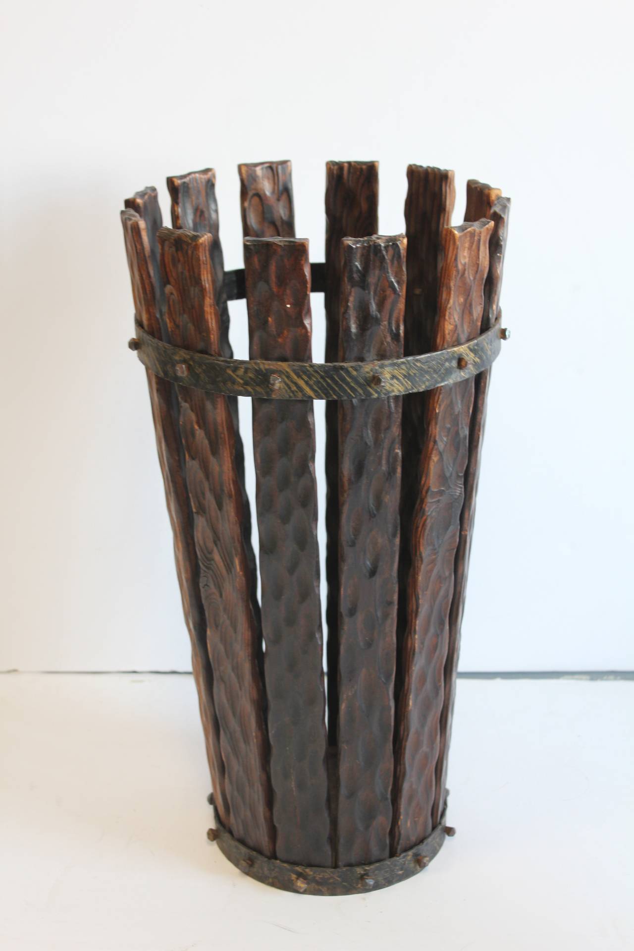 Arts and Crafts Tall 1920s Wood and Iron Umbrella Stand