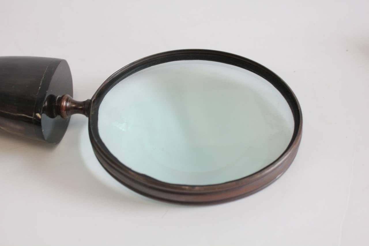 American Over Sized Antique Bronze and Horn Magnifying Glass For Sale
