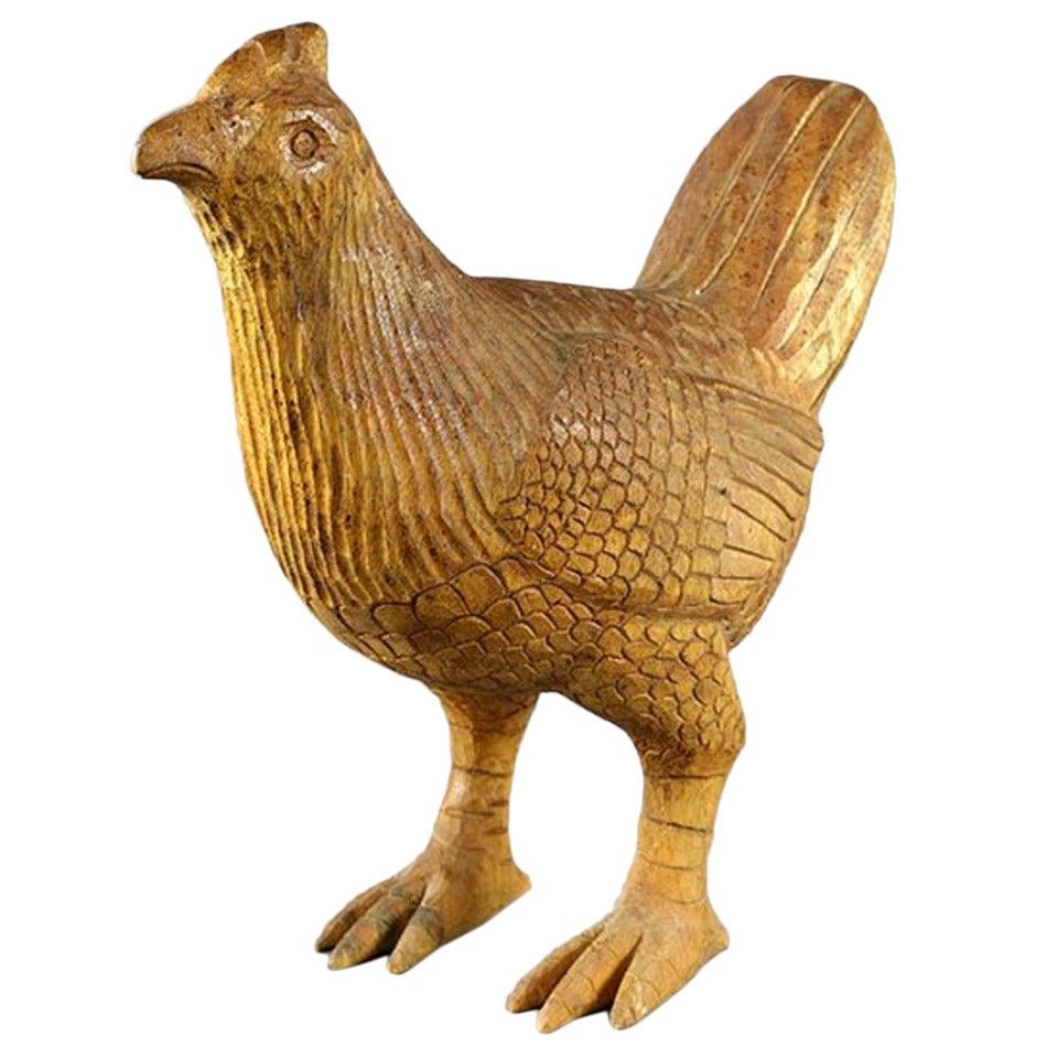Large Folk Art Hand-Carved Wood Chicken For Sale