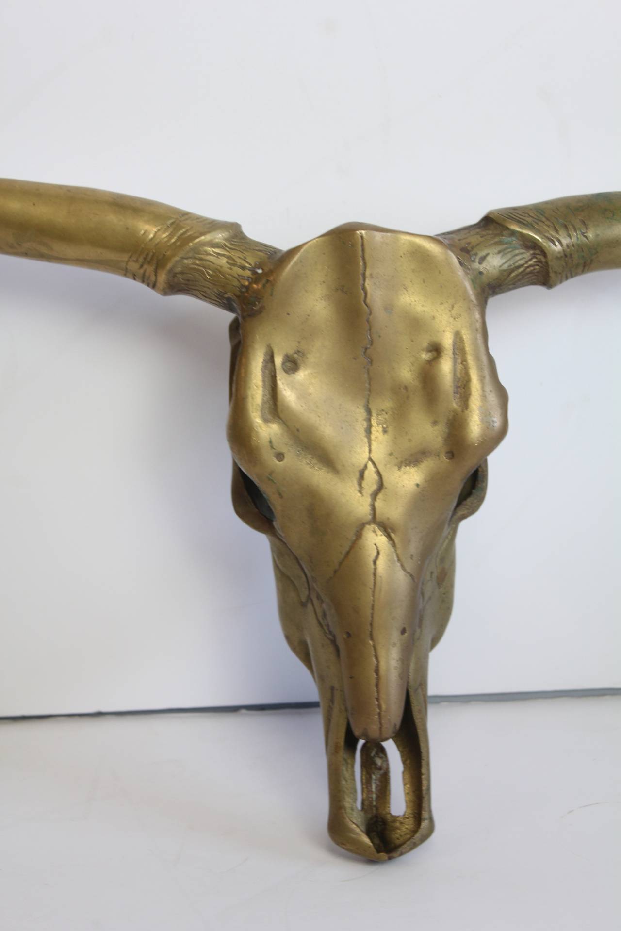 Modern Vintage Brass Longhorn Skull Wall Sculpture
