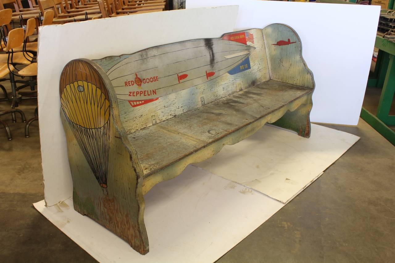 1920's hand painted Folk Art Zeppelin bench with advertising for Red Goose Shoes Company. This bench was custom made for the Red Goose Shoes Co.