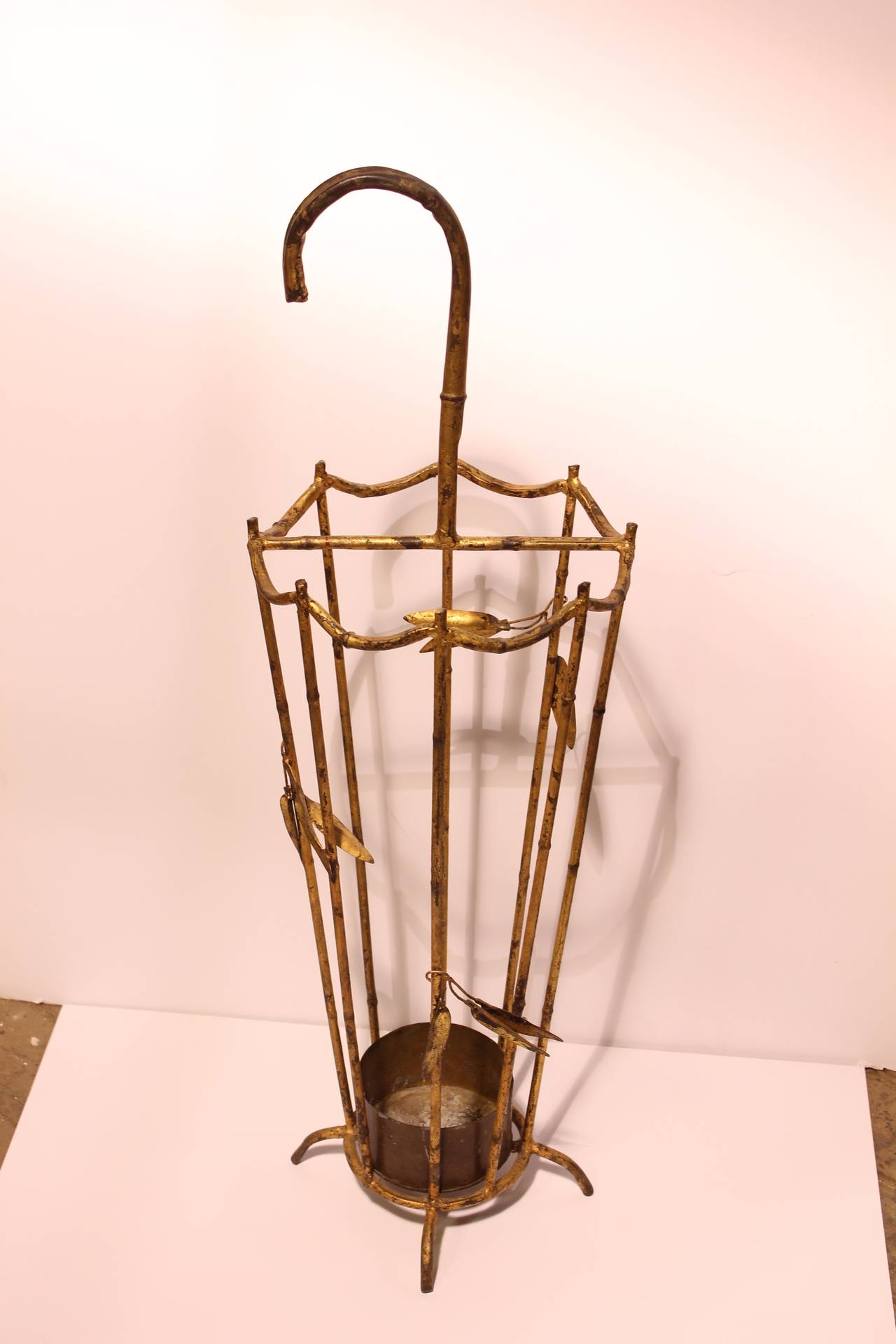 Hollywood Regency Vintage Italian Gilt Tole Umbrella Stand For Sale