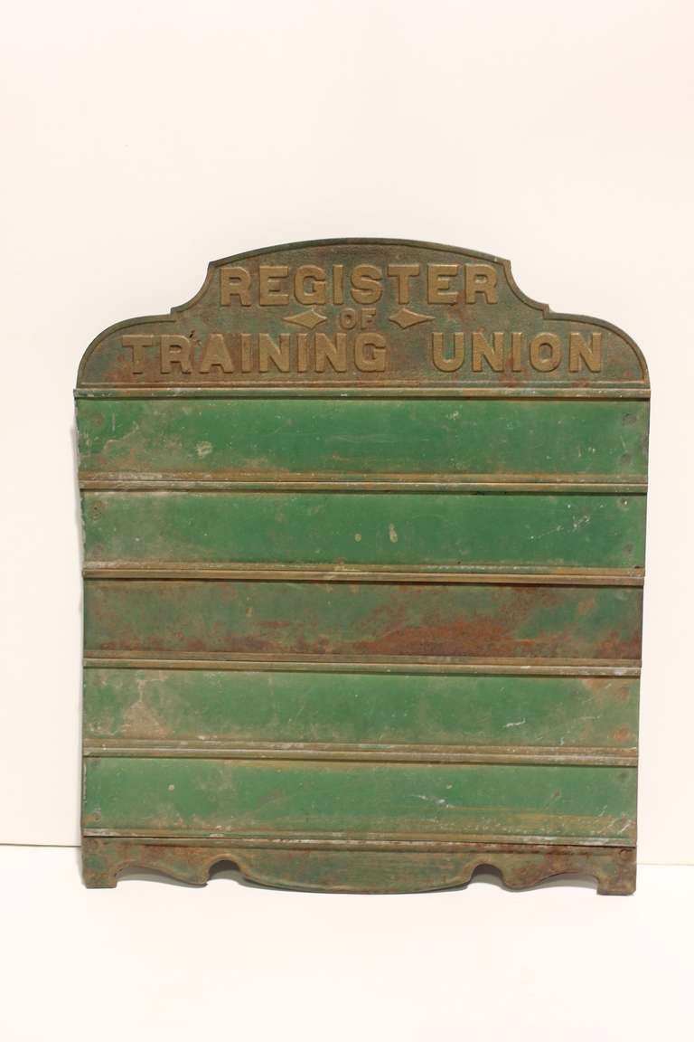 Antique metal Register Of Training Union Sign.