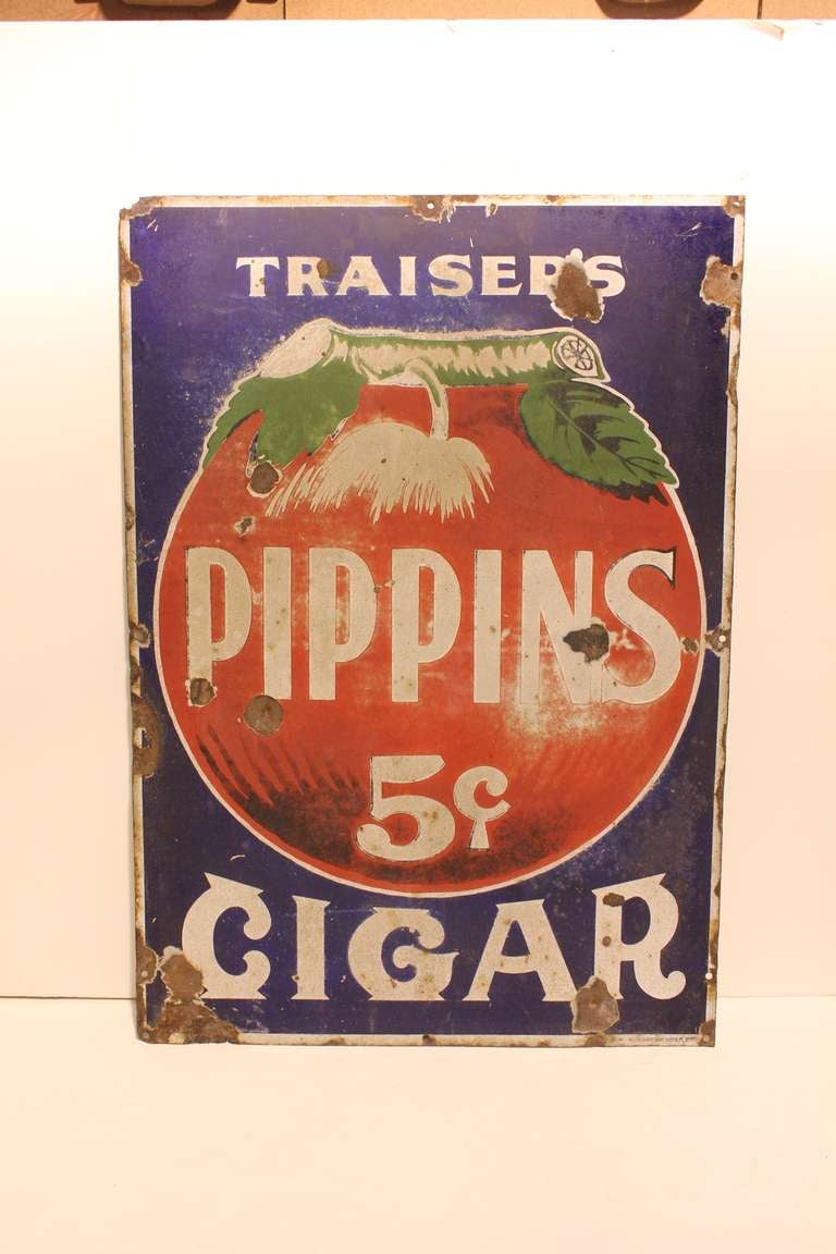 1930's original enamel advertising sign for Traiser's Pippins Cigar.