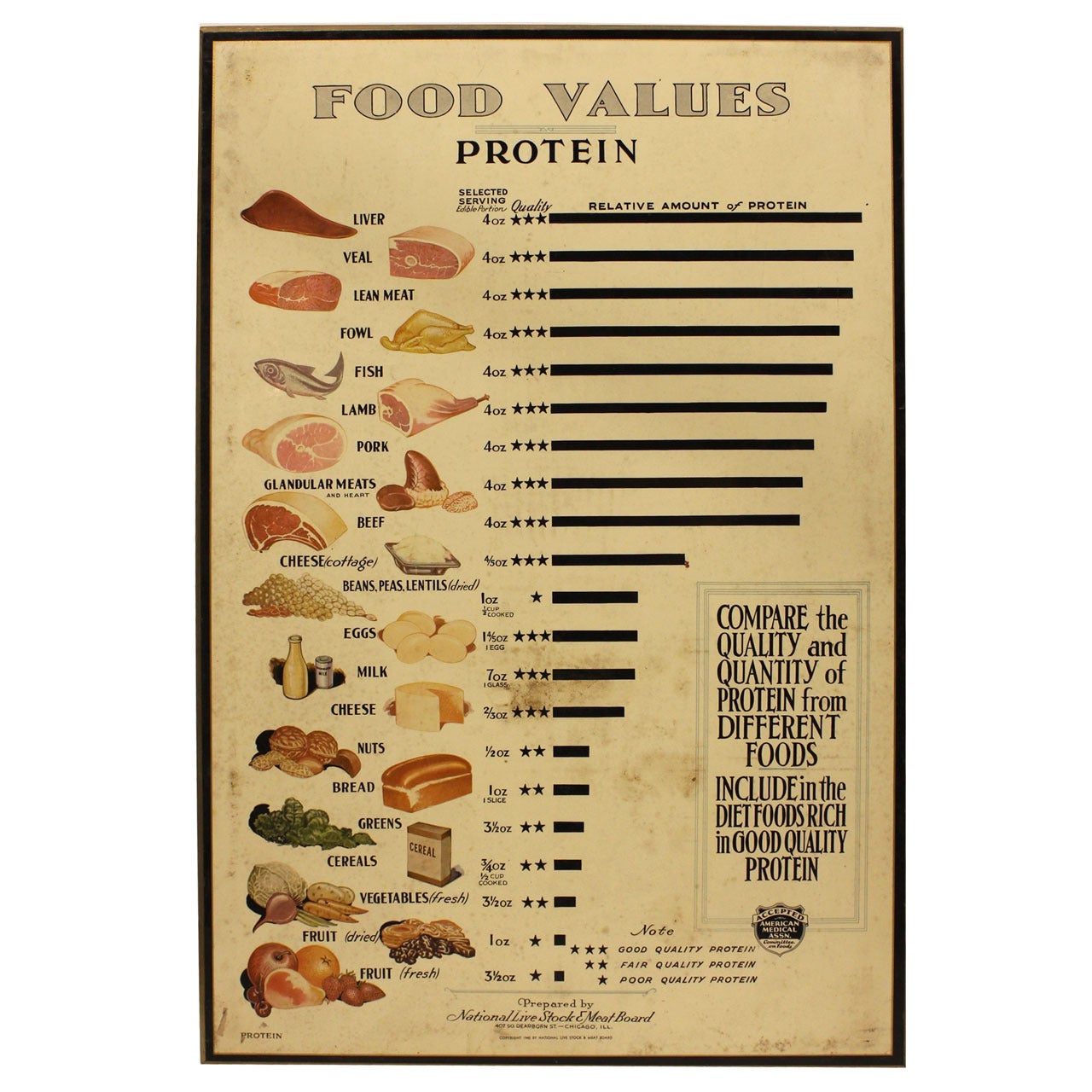 Vintage Food Values Protein Poster By National Live Stock & Meat Board