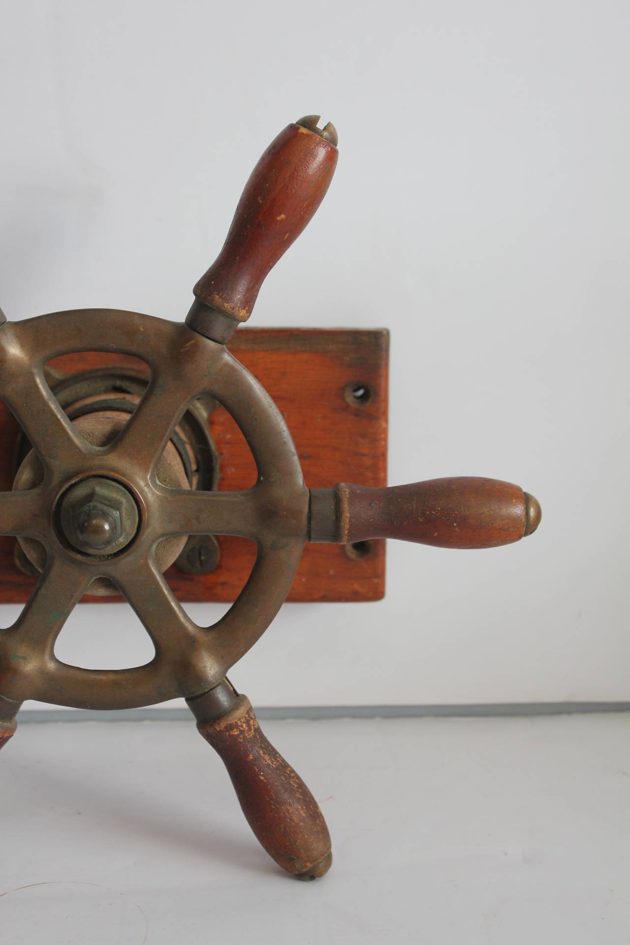 Folk Art Vintage Brass and Wood Boat Steering Wheel