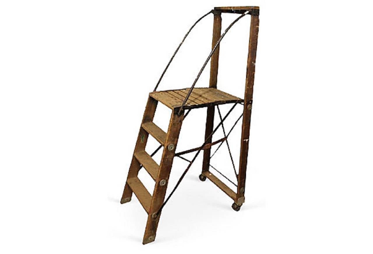 Great large antique American dry goods store folding ladder.