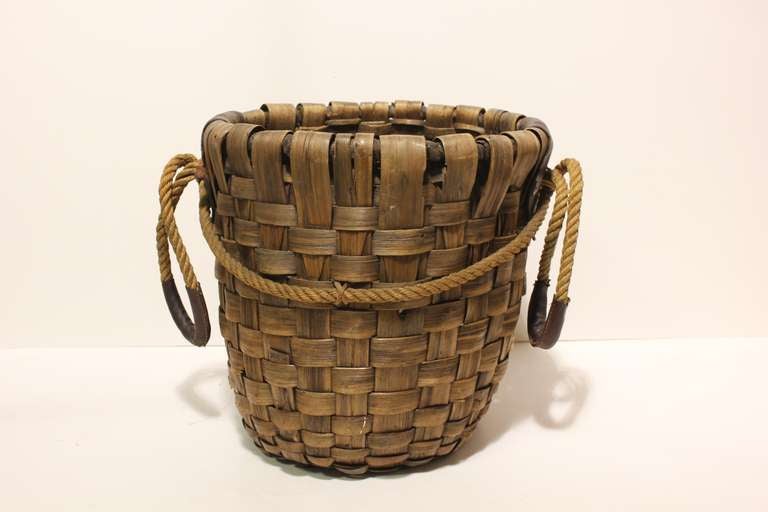 Folk Art Large Woven Rustic Basket with Leather Handles
