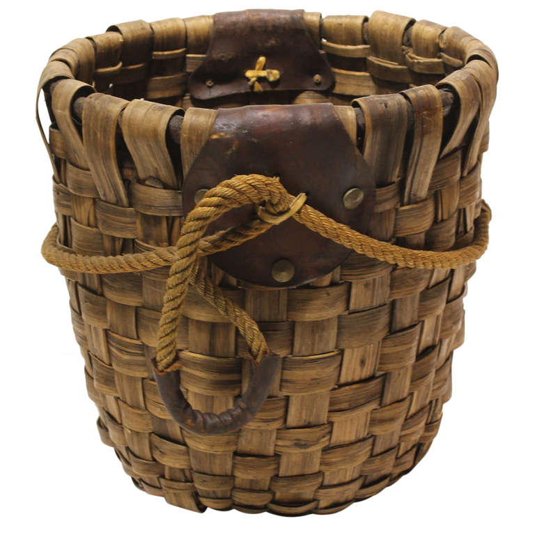 Large Woven Rustic Basket with Leather Handles at 1stDibs