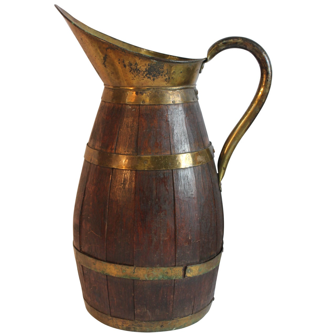 Large Antique French Wood and Brass Pitcher For Sale