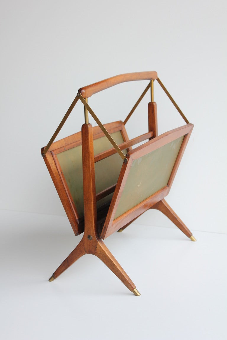 Unique Mid Century Italian  Magazine Rack with wooden frame and brass sides.