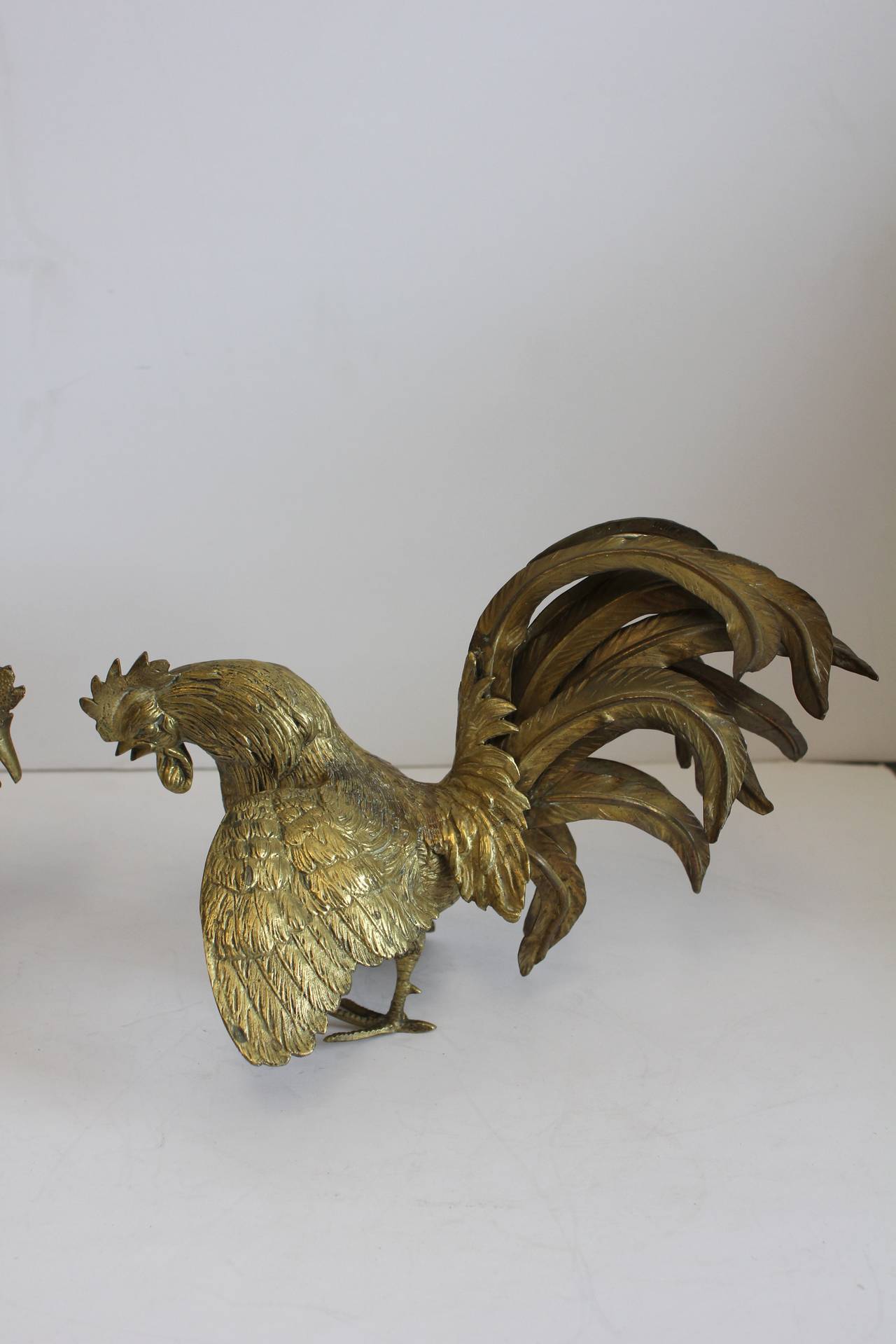 Melani Mario Style Brass Fighting Rooster Sculptures In Good Condition In Chicago, IL