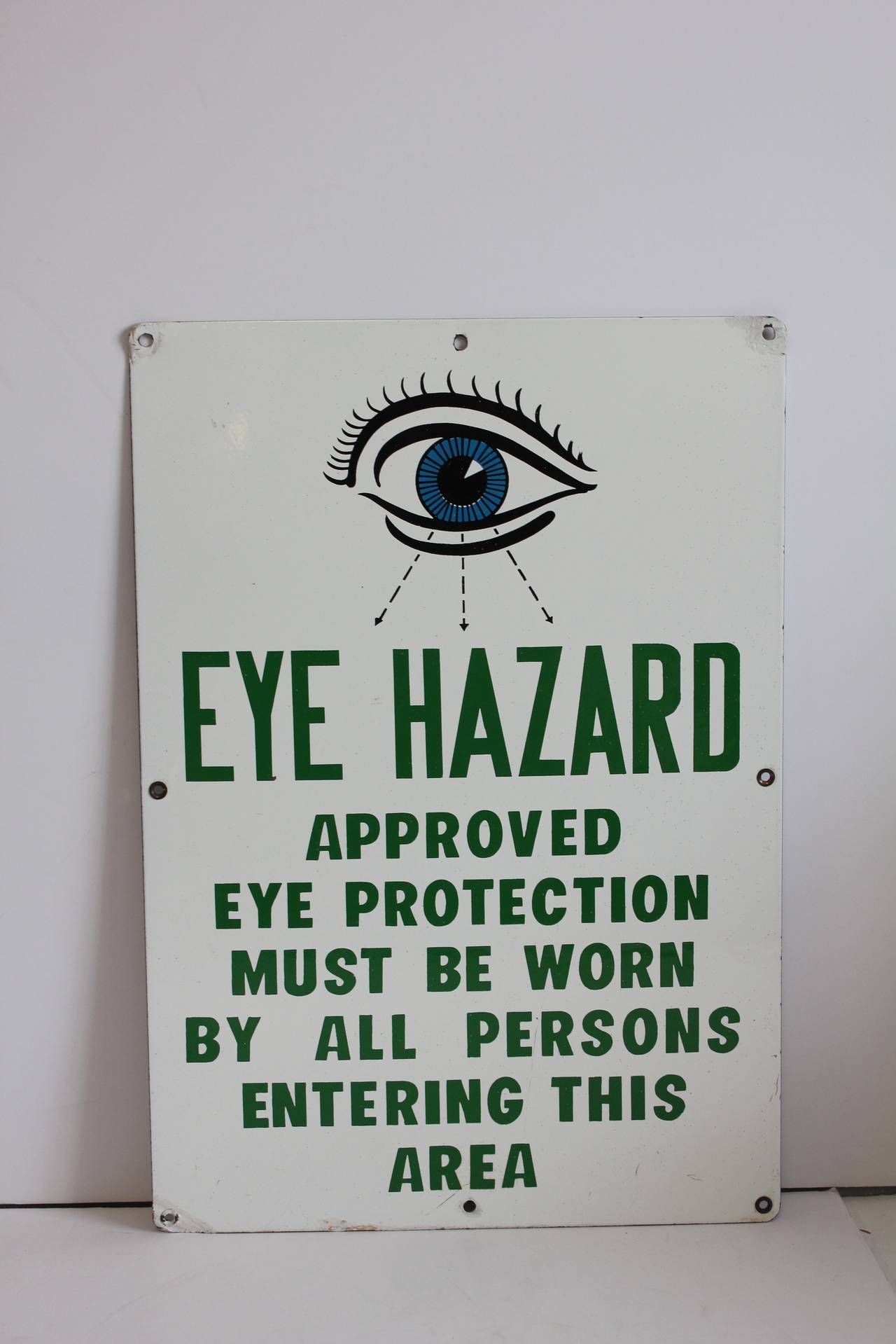 1930s American Factory Porcelain Sign, "Eye Hazard"