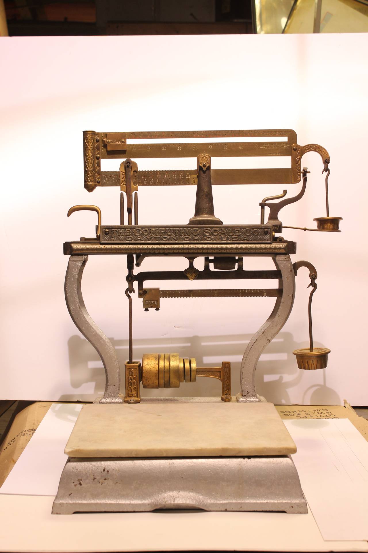 Original American 1800s Grocery Store scale by Dayton Computing Scale Company. Cast iron base with brass top and marble dish.