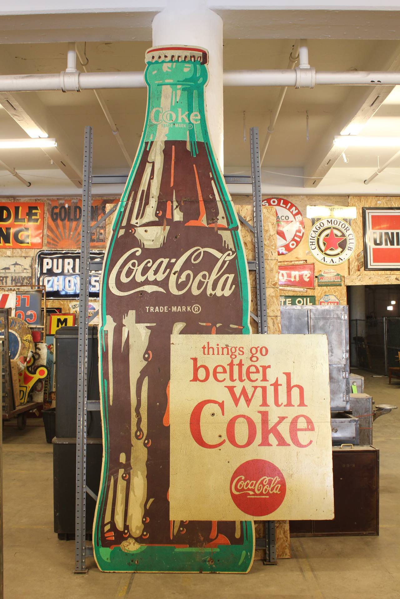 12ft tall original American wood advertising sign for Coca Cola.