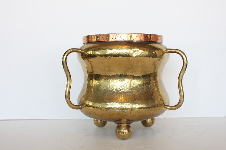 English Hand Hammered Brass Three Handle Pot