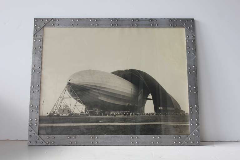 Antique original black and white photo of the Zeppelin by Margaret Burke. Frame is made of the duralumin used in girder construction of the United States Airship 