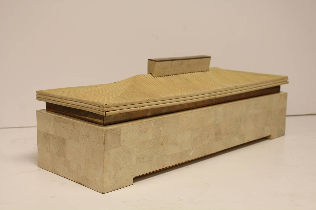 Amazing tessellated stone box in a shape of pagoda in style of Maitland Smith.