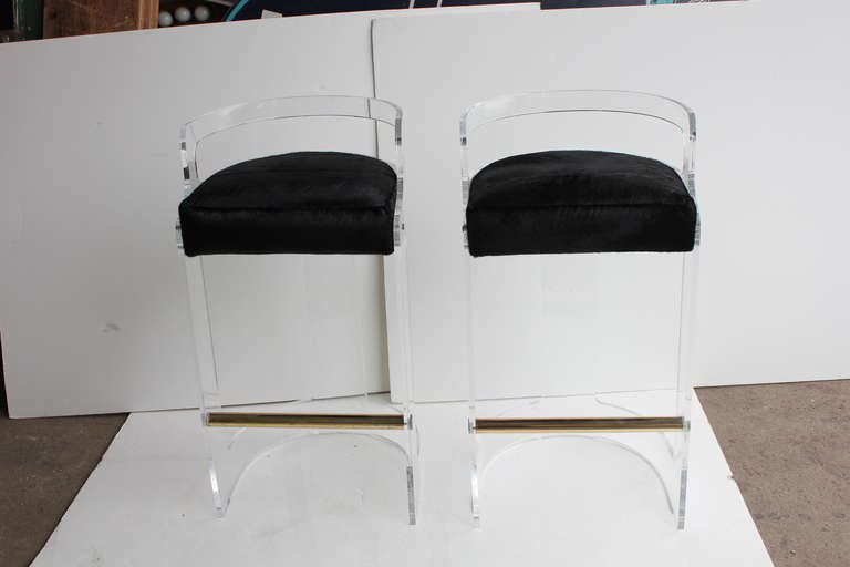 American Mid Century Lucite Bar Stools With Cowhide Seats
