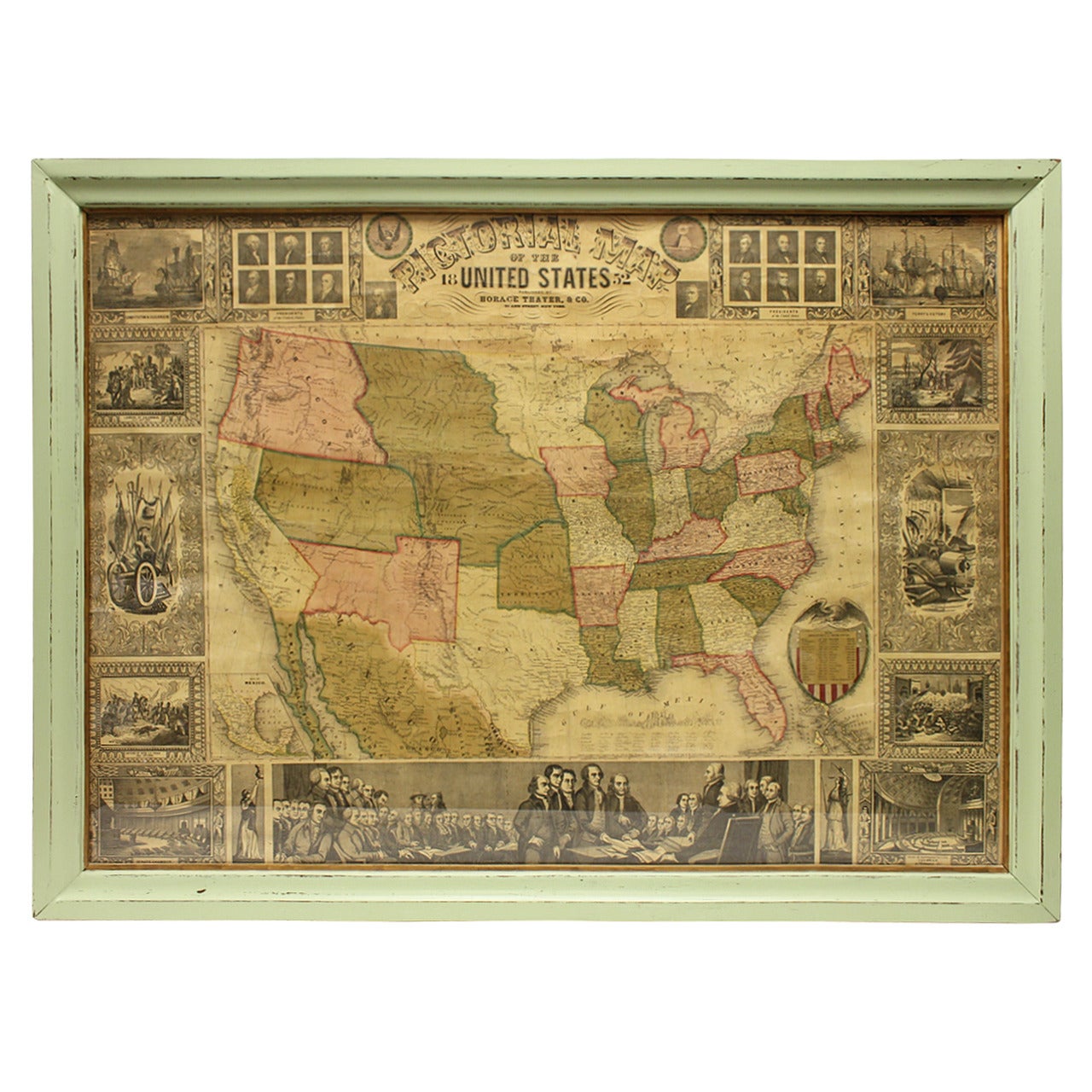 Rare Original 1852 Pictorial Map of the United States by Thayer Co.
