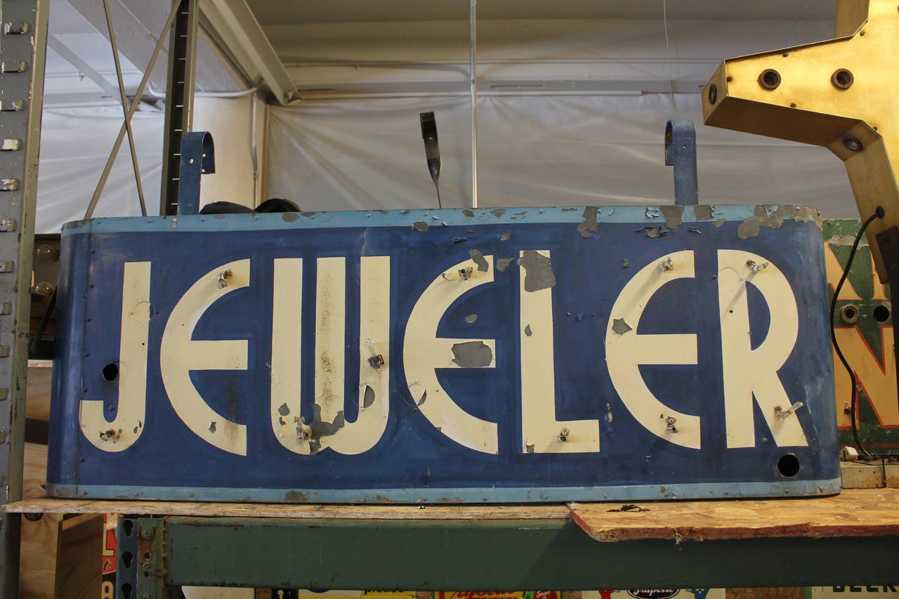 Art Deco double sided metal JEWELER sign. Please contact us for the quote for the neon sign. height with brackets 28.5