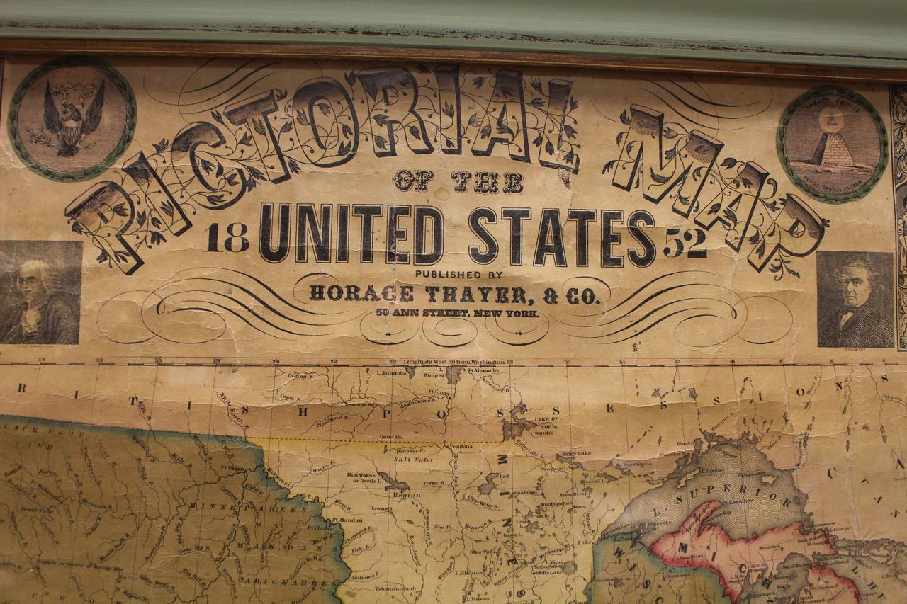 American Rare Original 1852 Pictorial Map of the United States by Thayer Co.