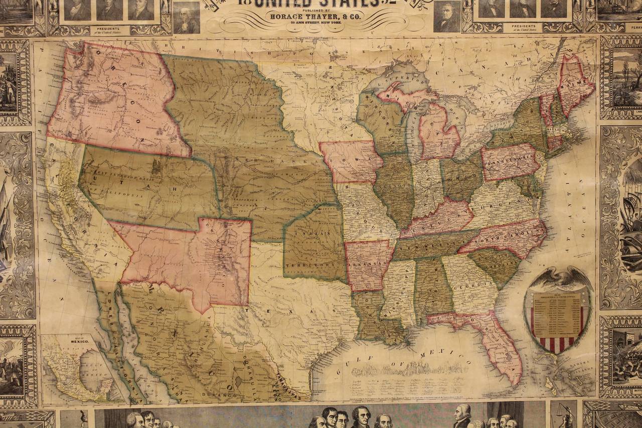 Original antique 1852 pictorial map of United States by Thayer Company.