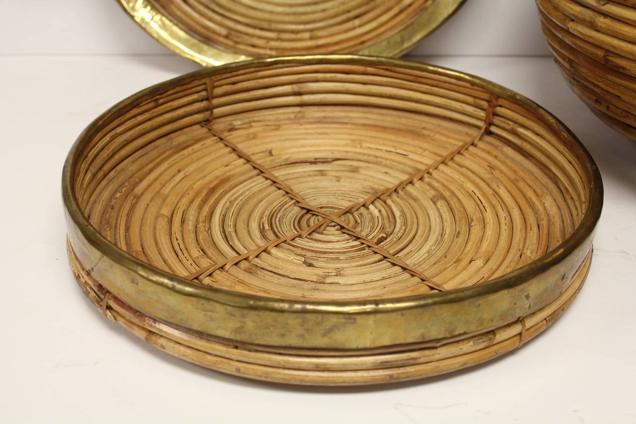 Mid-Century Modern Collection of Mid-Century Brass and Rattan Bowls