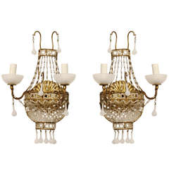 1920's French White Opaline Wall Sconces