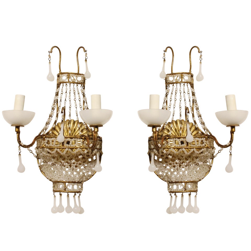 1920's French White Opaline Wall Sconces For Sale